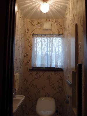 素敵な壁紙と一緒にトイレ照明として使われているおしゃれな天井灯―106E/SAT-PB393